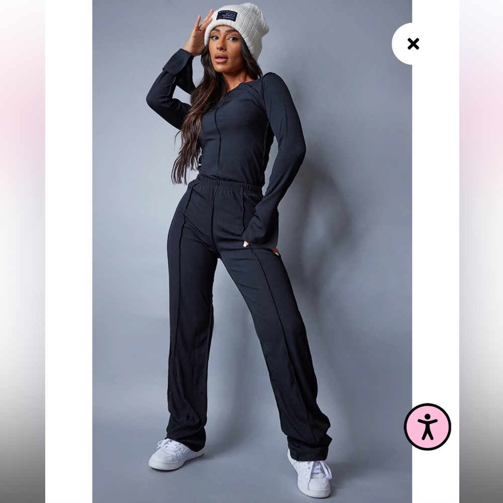 Petite Black Ribbed Seam Detail High Waisted Wide Leg Pants and top set